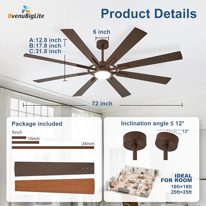Large Ceiling Fans with Lights: Modern 72 Inch 8 Blade Outdoor Ceiling Fan with Remote APP Control - Dimmable Big Fan light Indoor Reversible 6 Speed Quiet DC Motor
