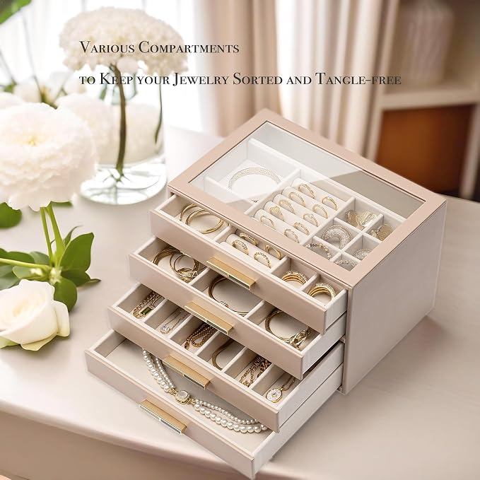 VLANDO 4-Drawer Jewelry Box with Glass Lid, Faux Leather Organizer for Rings Earrings Necklaces and More, Gift-Ready Jewelry Case for Women Girls or Moms, Latte