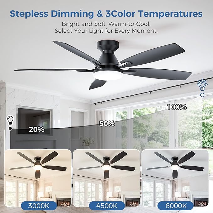 52 Inch Ceiling Fans with Lights, App & Remote Control, Quiet Reversible DC Motor, 6 Speeds, Dimmable 3CCT LED Light, Low Profile Flush Mount Ceiling Fan for Bedroom Living Room, Black