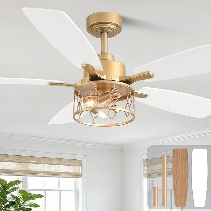 Dawn Whisper 52 Inch Modern Farmhouse Ceiling Fans with Lights White and Gold Rustic Caged Ceiling Fan for Bedroom Living Room Quiet and Reversible DC Motor