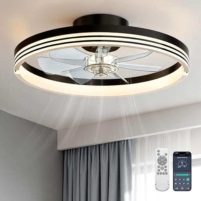 AKOFUN 18" Ceiling Fans with Lights and Remote, Low Profile Flush Mount Ceiling Fan with Light, 3000-6500K Dimmable LED Fan Light, Modern Bladeless Fandelier Ceiling Fans for Bedroom, Black Stripes
