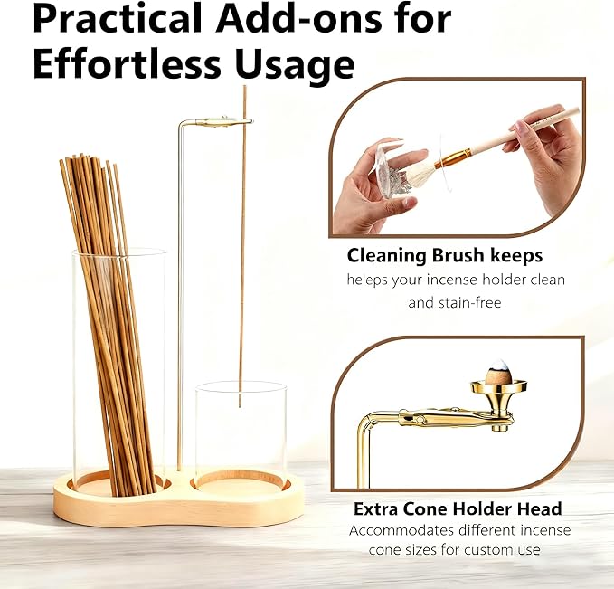 3-in-1 Incense Holder for Sticks with Enlarged Ash Catcher, Anti-Scatter Glass Tray for a Serene Home, Yoga, or Spa, Includes Dedicated Cone Holder and Brush（Not Included Incense Sticks）