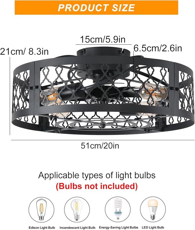 Garwarm 20in Caged Ceiling Fan with Light,Bladeless Black Fandelier Ceiling Fan with Remote,Industrial Farmhouse Flush Mount Ceiling Fans Light Fixtures for Kitchen,Bedroom,Living room（6 Speed,Timing）