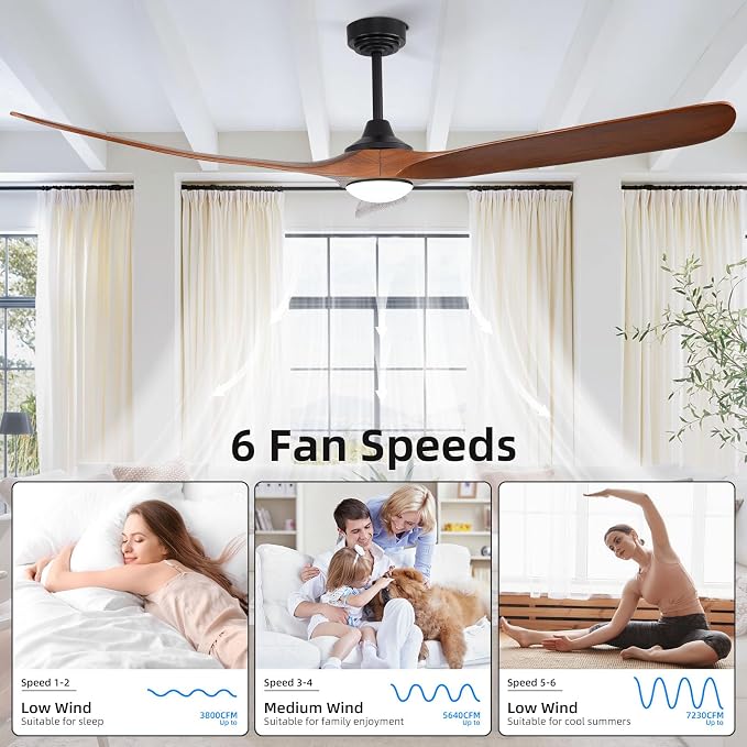 Ceiling Fan with Lights, 72'' Solid Wood Indoor/Outdoor Ceiling Fan with Quiet Reversible DC Motor, Compatible with Alexa/Google/App, 3CCT Dimmable, 6 Speeds Walnut Outdoor Fan for Patio Porch