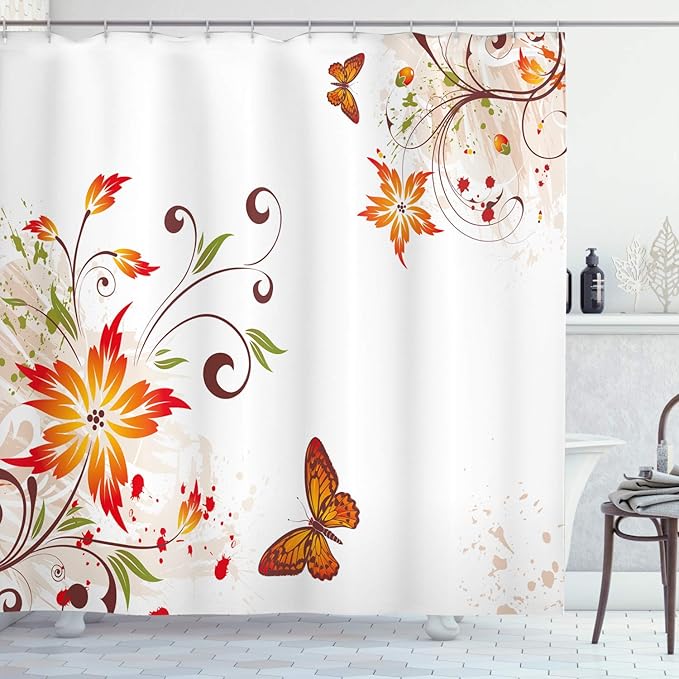 Ambesonne Floral Shower Curtain, Spring Themed Swirled Flowers Leaves and Butterfly Nature Foliage Garden Motif, Cloth Fabric Bathroom Decor Set with Hooks, 69" W x 75" L, Orange Brown