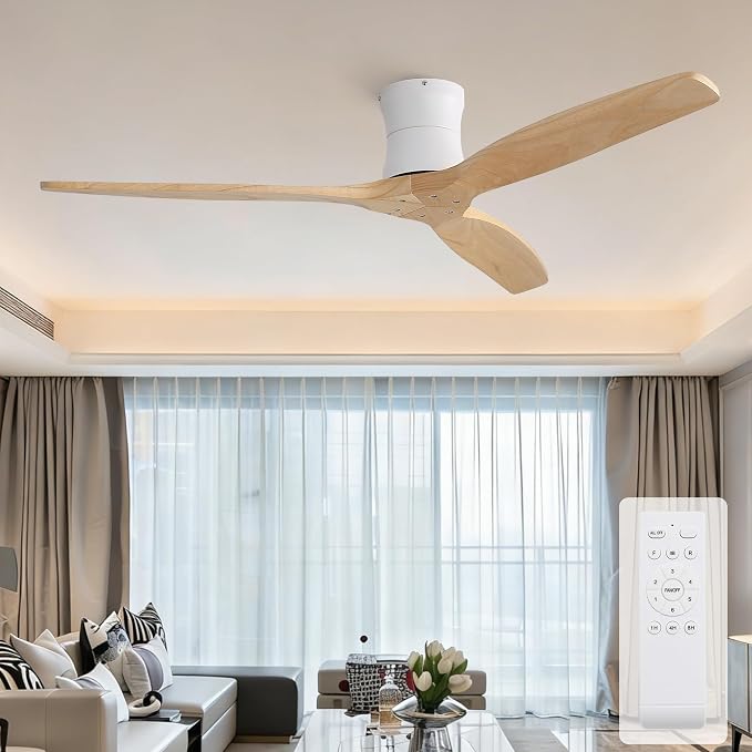 Sofucor 52" Solid Wood Ceiling Fan No Light, Low Profile Flush Mount Ceiling Fan with Remote, Outdoor Modern Ceiling Fan 6-Speed Timing Reversible DC Motor Noiseless for Living Room Bedroom Patio