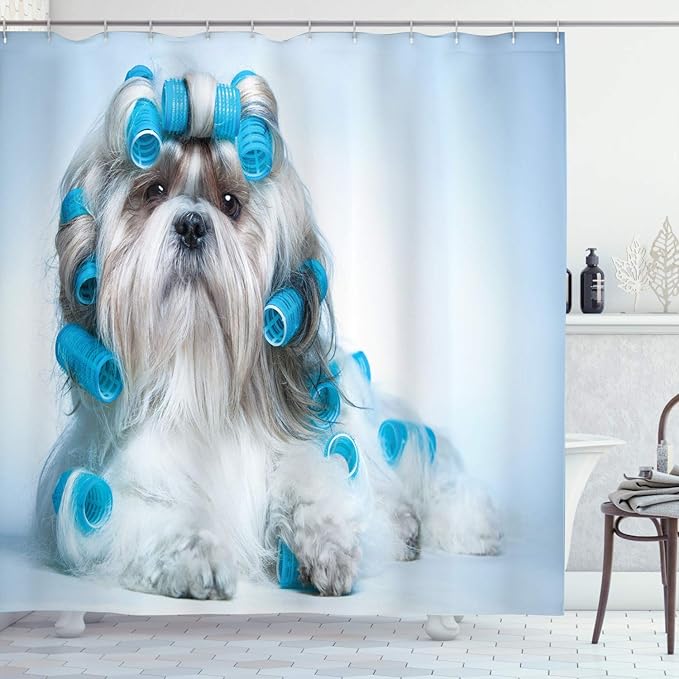 Ambesonne Dog Lover Shower Curtain, Shih Tzu Dog Grooming Hairstyle Salon Front View Closeup Studio Shot, Cloth Fabric Bathroom Decor Set with Hooks, 69" W x 75" L, Pale Blue