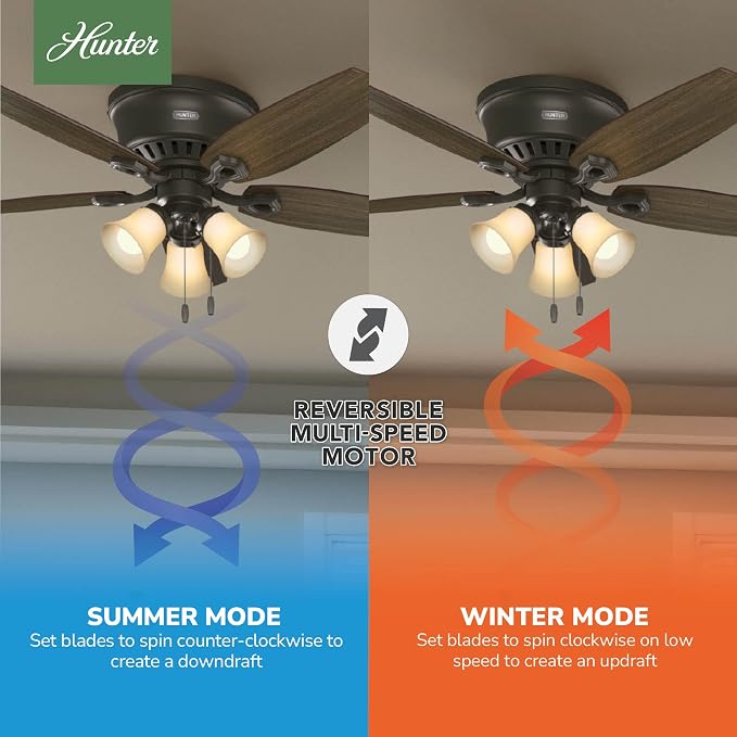 Hunter Builder, Indoor, Ceiling Fan, with LED Lights, 52 inch, New Bronze | Low Profile Flush Mount, Pull Chain, 5 Blades, For Bedroom, Living Room, Kitchen, 53327