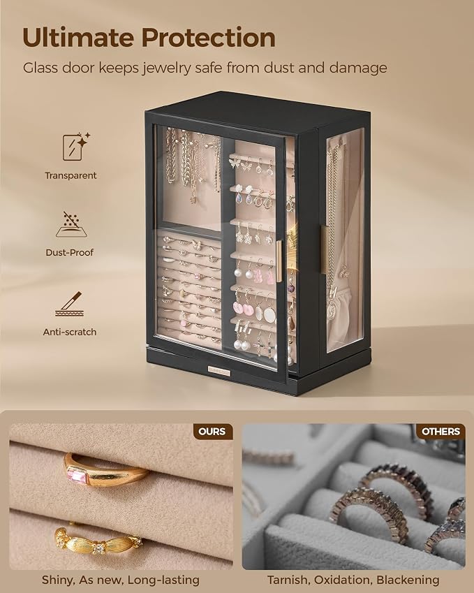 Glimmloop 360° Rotating Jewelry Box with 9 Drawers, Spacious Vertical Jewelry Organizer with Glass Window, Jewelry Storage Case, Dustproof & Moisture-resistant Design, Black