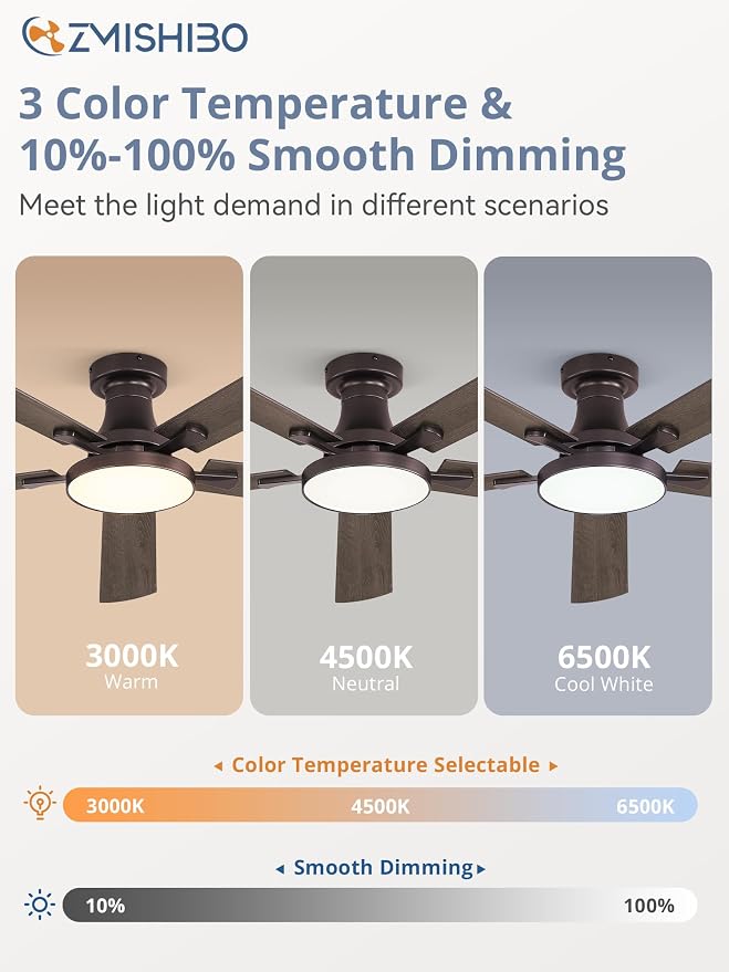 ZMISHIBO 60 Inch Flush Mount Ceiling Fan with Light, Remote&APP, Oil Bronze | 6-Speed Quiet DC Motor, Dimmable 24W LED with 3CCT (3000K-6500K), Modern Low Profile for Living Room, Bedroom, Kitchen