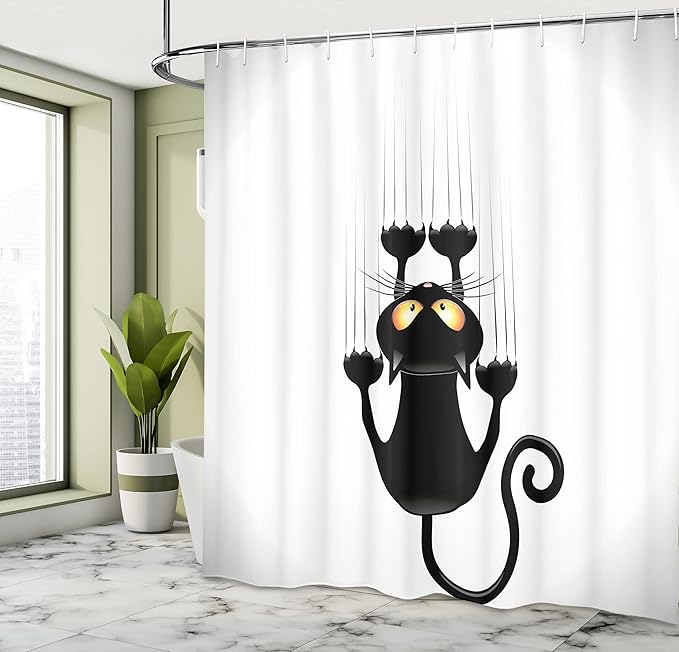 Ambesonne Funny Shower Curtain, Naughty Cat Scratching The Wall with His Paws Grumpy Feline Humorous Kitten Graphic, Cloth Fabric Bathroom Decor Set with Hooks, 69" W x 75" L, White and Black