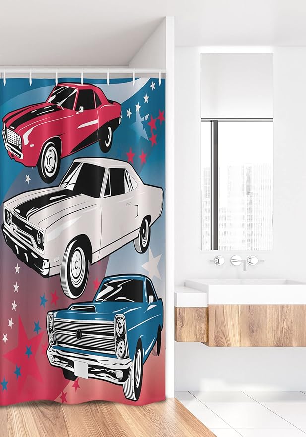 Ambesonne Cars Stall Shower Curtain, Pop Art Group of Nostalgic American Muscle Vehicle Stars Antique Print, Fabric Bathroom Decor Set with Hooks, 36" W x 72" L, Blue Beige