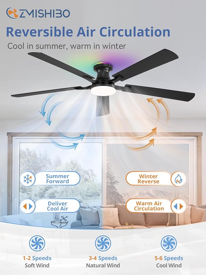 ZMISHIBO 60 Inch Ceiling Fans with RGB Lights, Low Profile Flush Mount Ceiling Fan with Alexa/App/Remote, Dimmable 20W LED Light, Black Modern Fan for Living Room, Bedroom, Game Room