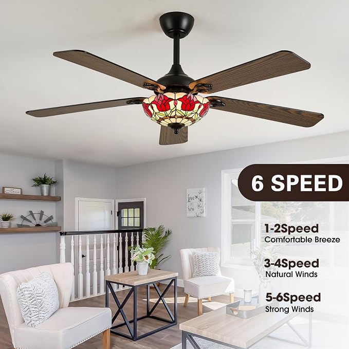 52" Tiffany Style Ceiling Fans with Lights, Vintage Chandelier Ceiling Fan with Stained Glass Shade, Dimmable LED, 6 Speeds Reversible for Bedroom (Red Rose)