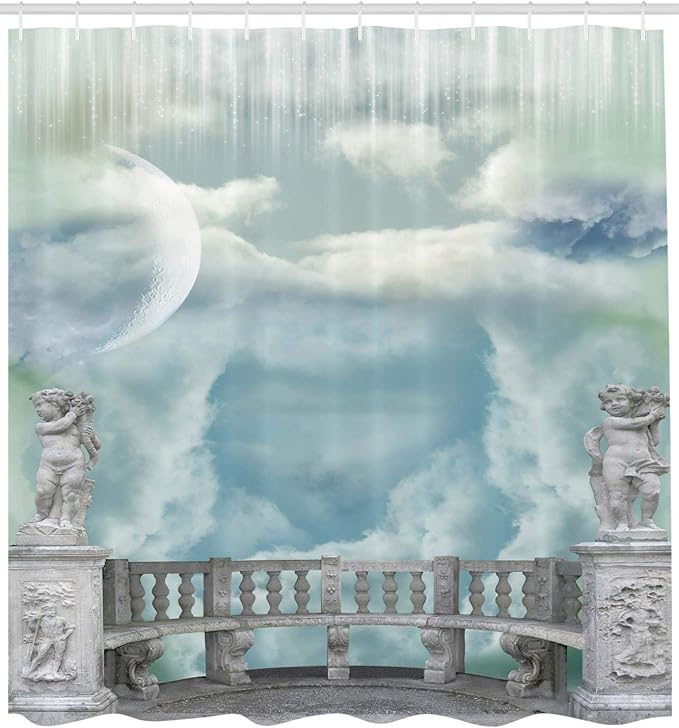 Ambesonne Mystic Shower Curtain, Balcony in The Sky with Angel Castle in Victorian Style Architecture, Cloth Fabric Bathroom Decor Set with Hooks, 69" W x 75" L, White Blue