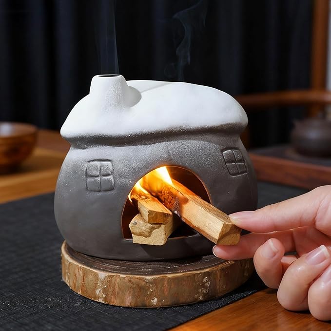 Mougigi Wide Snow-Roofed Palo Santo Burner - Mini Chiminea Incense Holder, Tabletop Chiminea Palo Santo Stick Holder Ideal for Smudging Sage, Burning Incense Cones for Zen-Inspired Home Decor Gift
