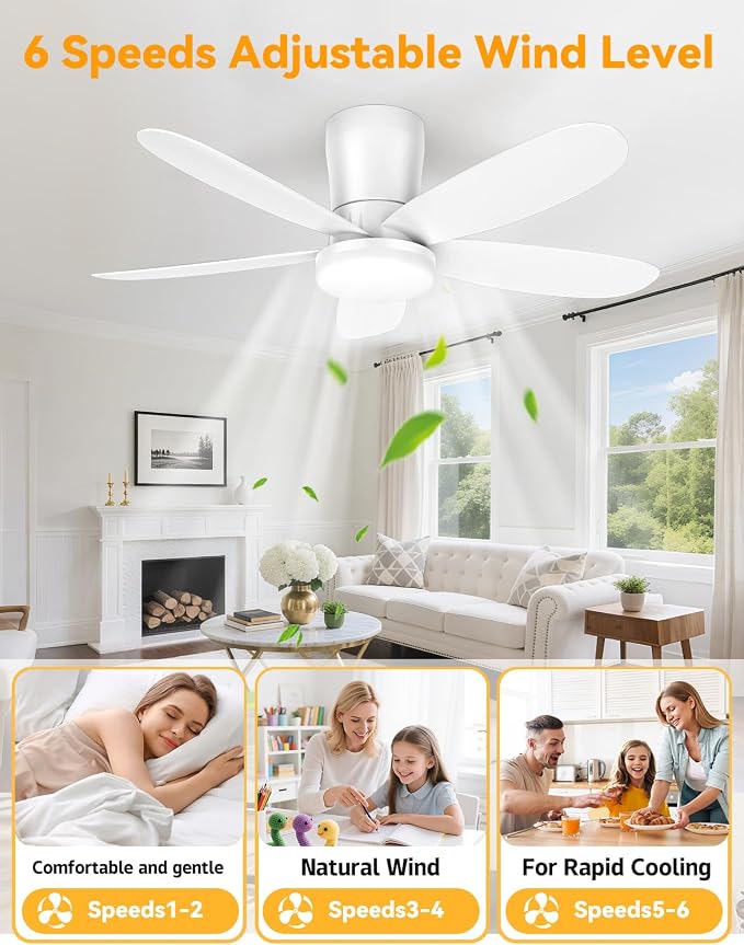 Ceiling Fans with Lights, Low Profile 42-Inch Modern White Small Ceiling Fan for Bedroom Indoor Outdoor - Dimmable Fans with Timer Remote Control Flush Mount Reversible 5 Blades 6 Speeds
