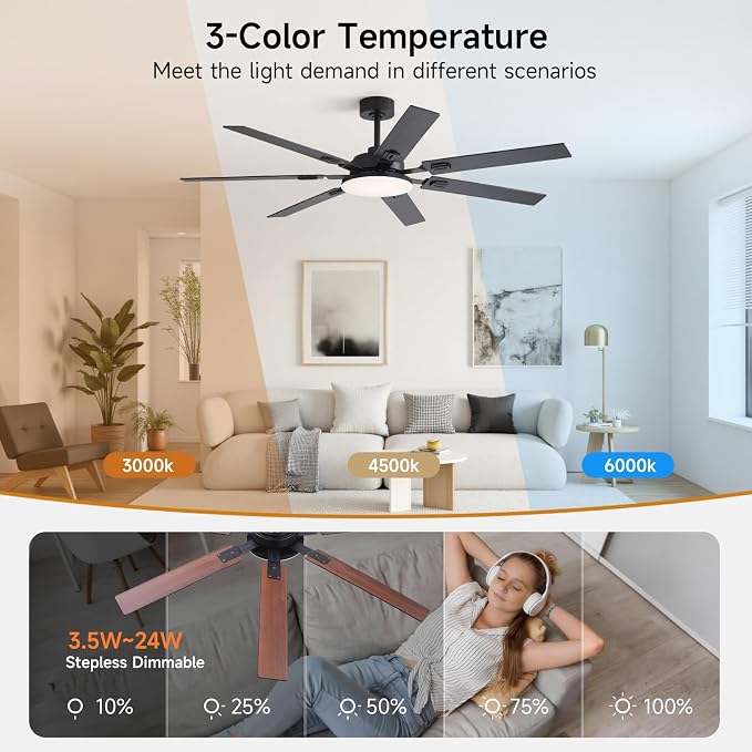 64 Inch Ceiling Fans with Lights and Remote, Bedroom Living Room Office Library Cafe Outdoor Industrial, 5CCT Dimmable, Dual Color 7 Blades, 6 Speed Reversible Quiet DC Motor, Black/Wood Grain