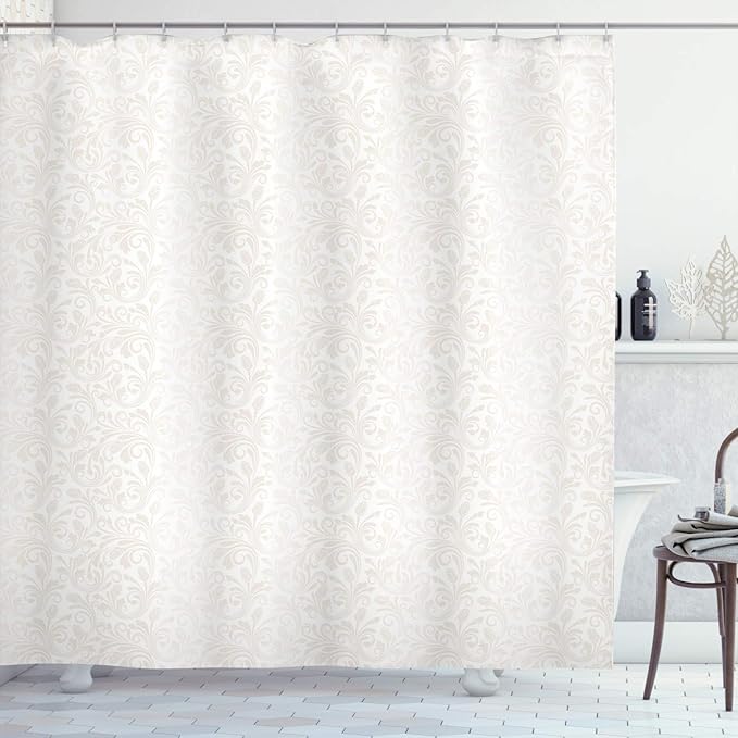 Ambesonne Ivory Shower Curtain, Medieval Victorian Petals Baroque Soft Toned Blooms Swirls Flourish Spring Pattern, Cloth Fabric Bathroom Decor Set with Hooks, 69" W x 70" L, White Beige