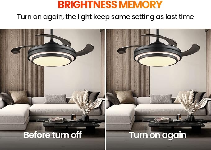 36 Inche Modern Black Ceiling Fan with Dimmable LED Light, Retractable Celing Fan with APP/Remote Control, 6 Speed,for Bedroom Live Room