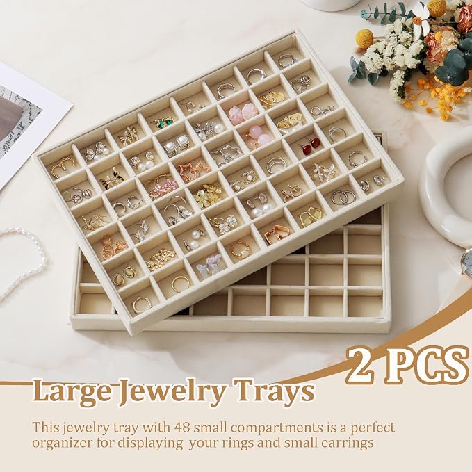 Large Velvet Jewelry Tray Display Drawer Inserts 2 Pack | Stackable Jewelry Organizer for Earring Bracelet Necklace Ring (Beige, 48 Grids)