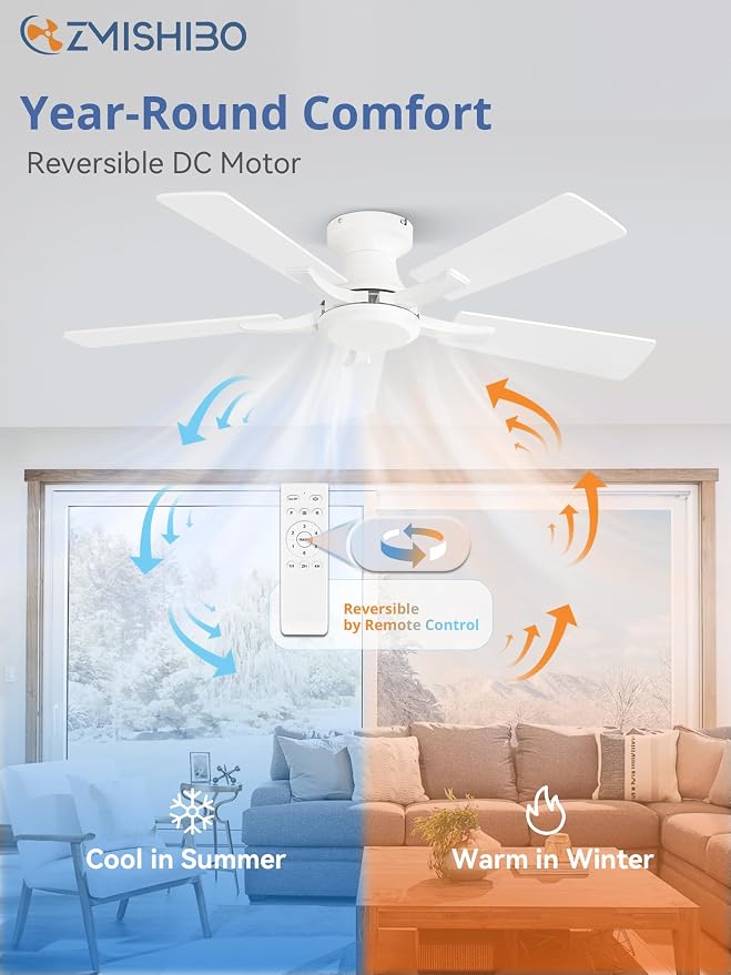 ZMISHIBO 42 Inch Ceiling Fan No Light, Flush Mount Low Profile, Modern White Ceiling Fan Without Light, Remote Control & Quiet DC Motor, for Indoor&Outdoor, Bedroom, Living Room