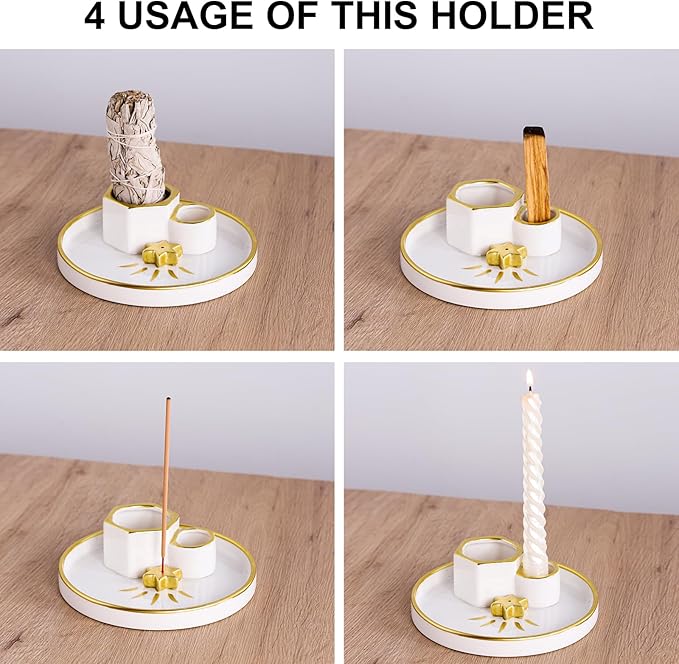 Ceramic Incense Holder, 4-in-1 Sage Palo Santo Burner with Ash Catcher Tray, Smudge Dish for Meditation Yoga, Modern Home Decor & Gift