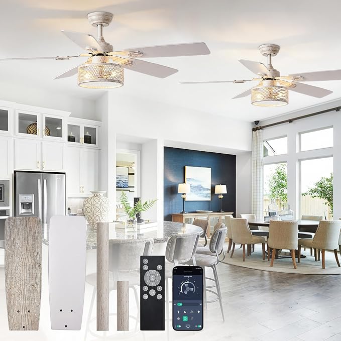Depuley 52in Ceiling Fans with Lights: 2 Pack White Gold Caged Ceiling Fan with Remote - Farmhouse Ceiling Fan with Dual Finish 5 Blades for Living Room 6 Speeds Timer Reversible E26 Bulbs Included