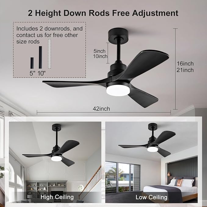 42 Inch Ceiling Fan with Light, 3 Solid Wood Blades, Remote Control, 6-Speed Reversible Quiet DC Motor, Modern White Ceiling Fan for Bedroom Living Room Patio
