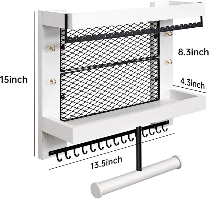 Pinzoveco Hanging Jewelry Organizer Wall Mounted With Wall Jewelry Organizer Holder For Necklaces Bracelet Earrings Ring (White)