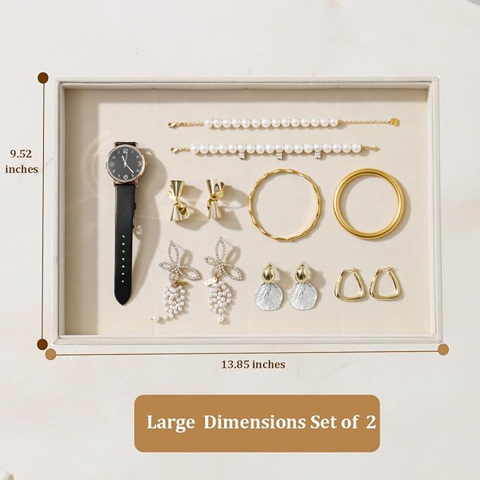 Large Velvet Jewelry Tray 2 Pack Stackable Jewelry Display Drawer Inserts Trays Organizer for Earring Bracelet Necklace Ring (Beige, 1 Grid)