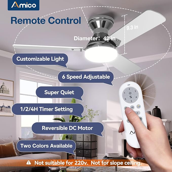 Amico 2 Pack Ceiling Fans with Lights, 42 inch Low Profile Ceiling fan with Light and Remote Control, Flush Mount, Reversible, 3CCT, Dimmable, Noiseless, Nickel Ceiling Fan for Bedroom, Indoor/Outdoor