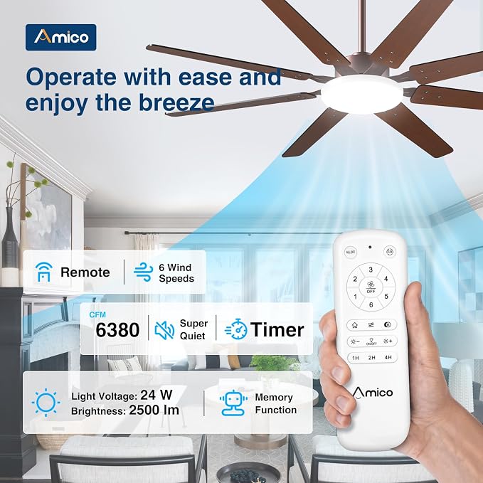 Amico 64 Inch Ceiling Fans with Lights and Remote,Indoor/Outdoor Ceiling Fan with 6 Speed Reversible Quiet DC Motor, 3CCT,Dimmable,Brown Modern Ceiling fan For Living Room, Bedroom, Patio