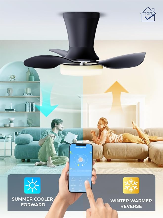 LANMEL 22 Inch Flush Mount Ceiling Fan with Light and Remote, Low Profile Modern Ceiling Fan, 6 Speed, Reversible, 3000k-6500k Dimmable LED, Quiet DC Motor for Indoor Outdoor, Black Gold