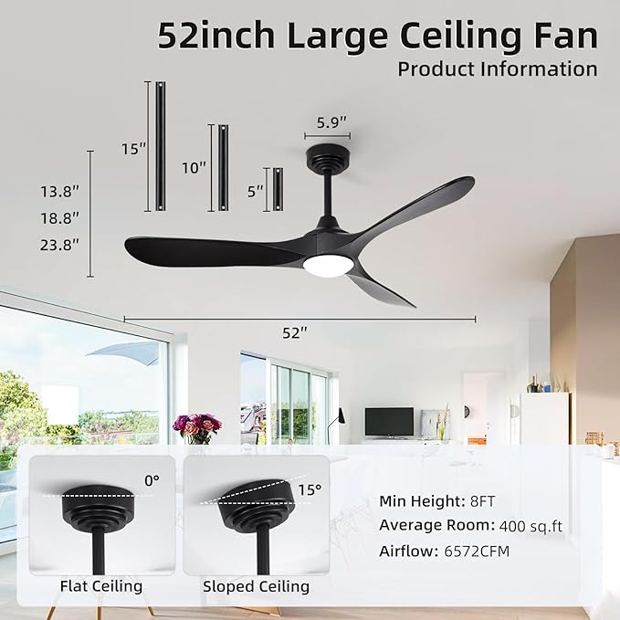 52” Outdoor Ceiling Fan with Light and Remote via WiFi Alexa, 3 Black Solid Wood Blade, Noiseless Reversible Dc Motor, Smart Outdoor Wood Ceiling Fan for Farmhouse Patios, Black