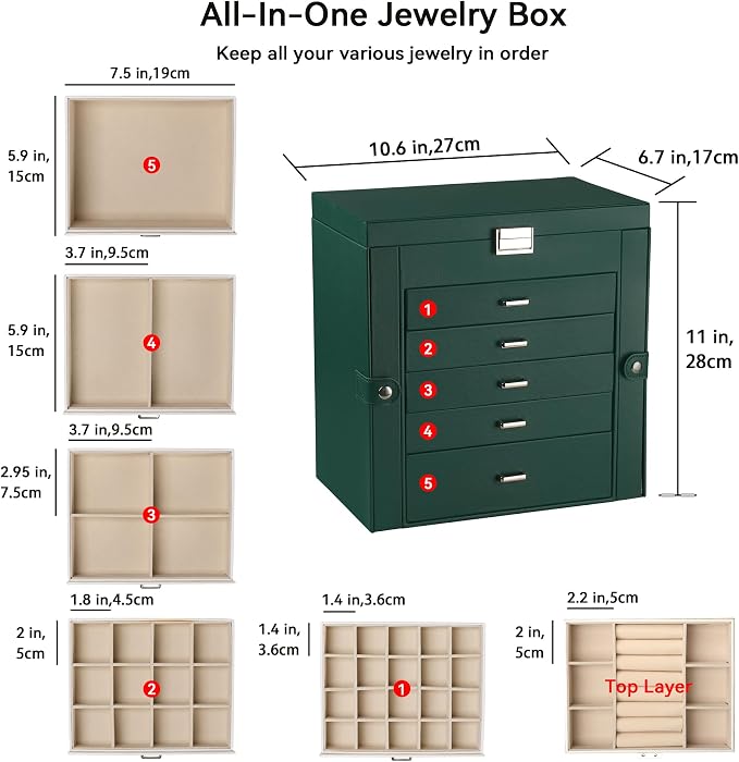 Frebeauty 6-Layer Jewelry Box for Women,Large Jewelry Organizer with Drawer | Faux Leather,Built-in Mirror,Spacious Jewelry Storage,16 Necklace Hooks,Organizing by Category for Rings Earrings Bracelet