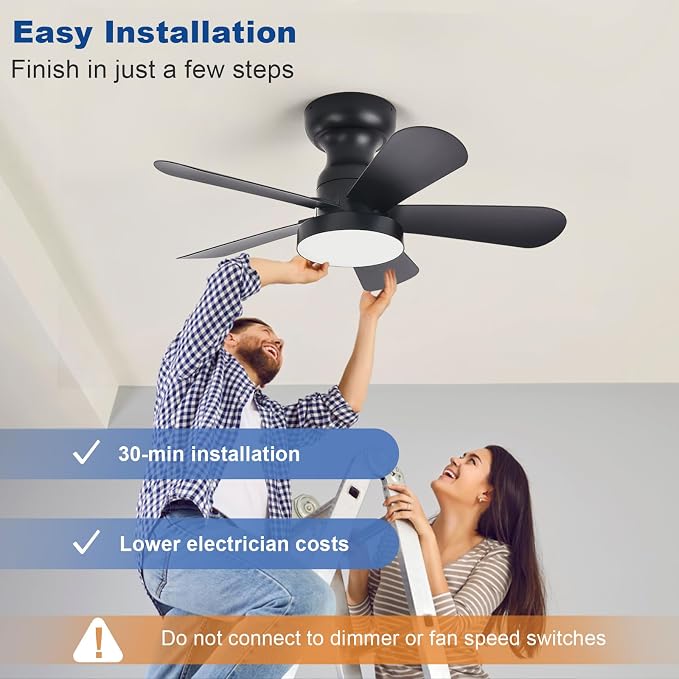 Depuley Black Ceiling Fan with Lights: 28-Inch Flush Mount Fan with Light and Remote - Low Profile Ceiling Fans Reversible Quiet DC Motor for Bedroom Living Room Indoor Outdoor