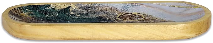 Bless-International Traditional-Handmade-Tray-Burner Wooden-Trat-Incense-Stick-Holder Ash-Catcher-Stand for-Aromatherapy-Meditation-Yoga (Green White Agate, 11x4x1.22 Inches)