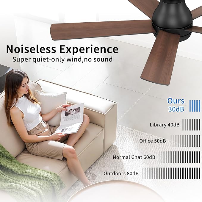POCHFAN 52 Inch Black Ceiling Fans with Lights and Remote, LED Low Profile Flush Mount Ceiling Fan for Bedroom, Living Room, with Quiet DC Motor, Dimmable 6 Speeds