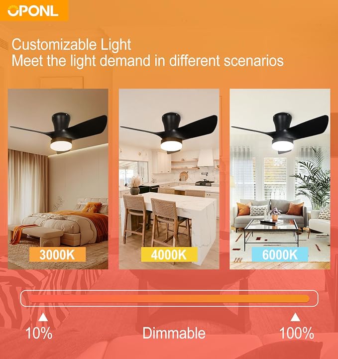 OPONL Ceiling Fan with Light, Ceiling fan with Light and Remote Control, Reversible, 6CCT, Dimmable, Noiseless, Ceiling Fan for Bedroom, Indoor/Outdoor Use, Black, 30 inch, Modern