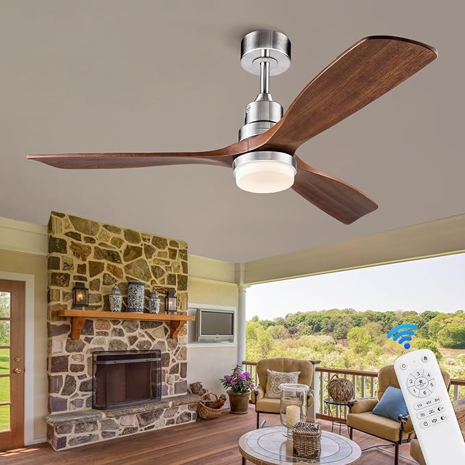 52 Inch Brushed Nickel Ceiling Fans with Lights and Remote Control, Dimmable, Modern Ceiling Fan Light, 3 Blades, 6 Speed DC Motor, Indoor Outdoor Ceiling Fan for Farmhouse,Bedroom