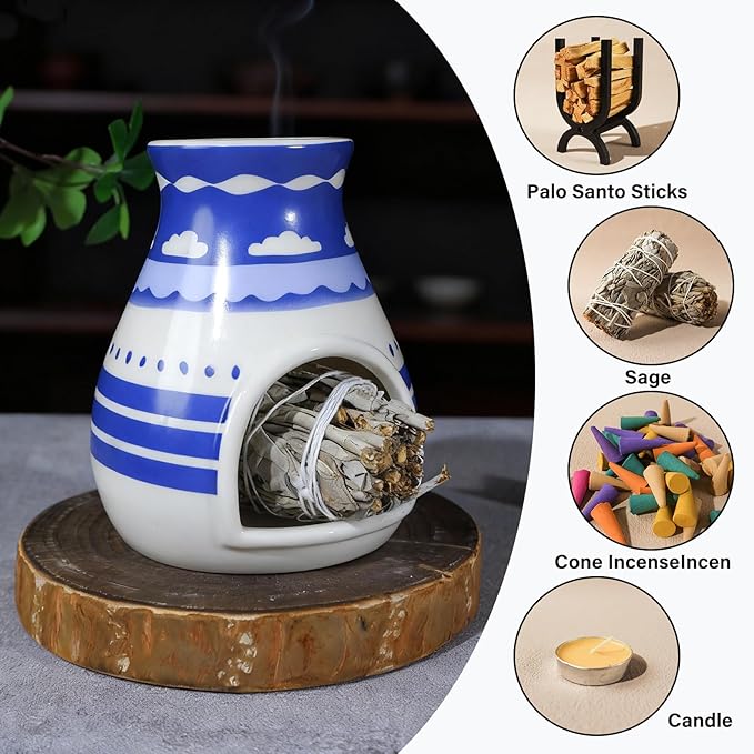 MOUGIGI Handcrafted Palo Santo Burner – Hopi-Inspired Ceramic Incense Dish for Aromatherapy – Suitable for Sage, and Cone Incense – Ideal for Energy Cleansing, Yoga, Meditation, Zen, Altar Décor