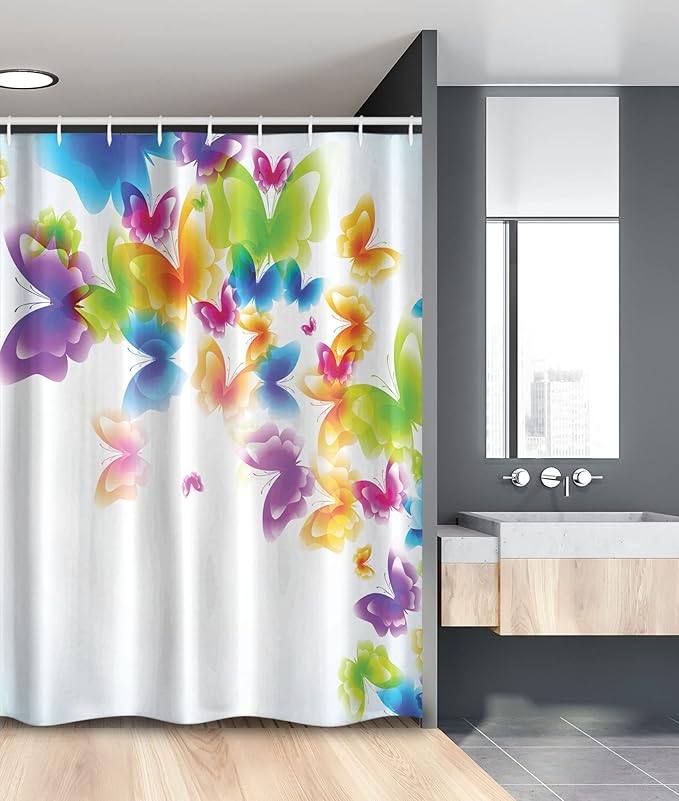 Ambesonne Butterfly Stall Shower Curtain, Group of Butterflies Band in Radiant Rainbow Colors Hope Summer Garden Art Print, Fabric Bathroom Decor Set with Hooks, 54" W x 78" L, Green Yellow