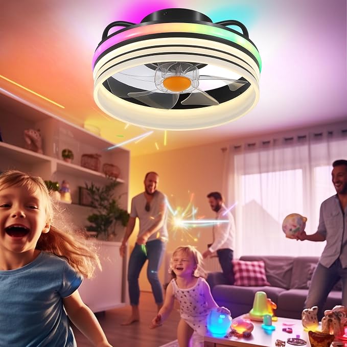 Mpayel RGB Ceiling Fans with Lights and Remote, 13" Low Profile Ceiling Fan | RGB, 6 Speeds, Dimmable, Reversible DC Motor, Modern Enclosed Flush Mount Ceiling Fan for Bedroom Kids Room