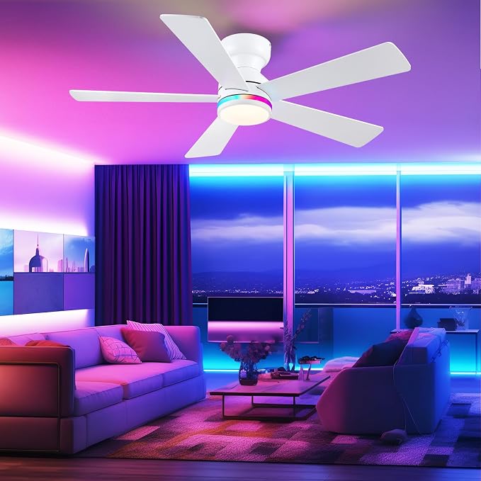 White RGB Ceiling Fans with Lights - 46" Flush Mount Ceiling Fan with Remote APP, RGB+3CCT Dimmable Led Light, Reversible 6 Wind Speeds&2H Timer, Low Profile Modern Fan Light Fixture for Bedroom Party