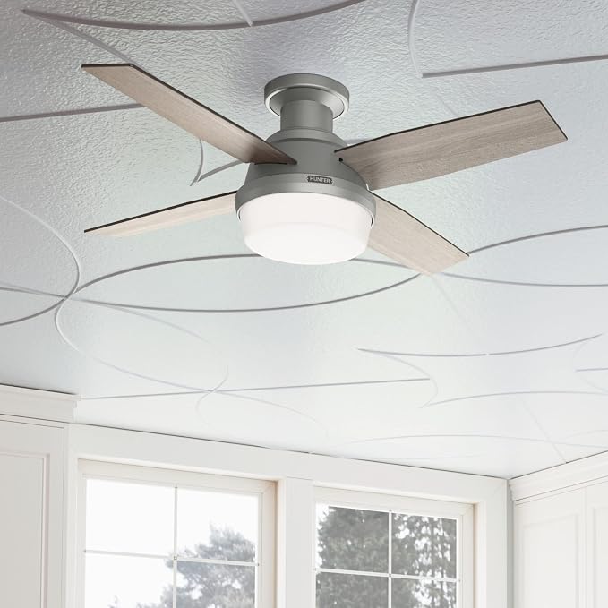 Hunter 44 inch Indoor Ceiling Fan with LED Light and Remote Control - Modern Ceiling Fan, Low Profile Mount, 4 Blades, For Bedroom, Living Room, or Kitchen, Quiet - Dempsey 51757, Matte Silver