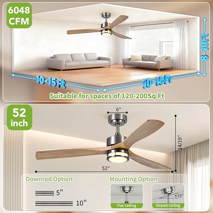 52 Inch Ceiling Fans with Lights and Remote Control, 3 Blade Ceiling Fan with Light for Bedroom Living Room Indoor Outdoor Patio, Reversible, 3CCT, Dimmable, Noiseless DC Motor, Nickel & Natural Wood