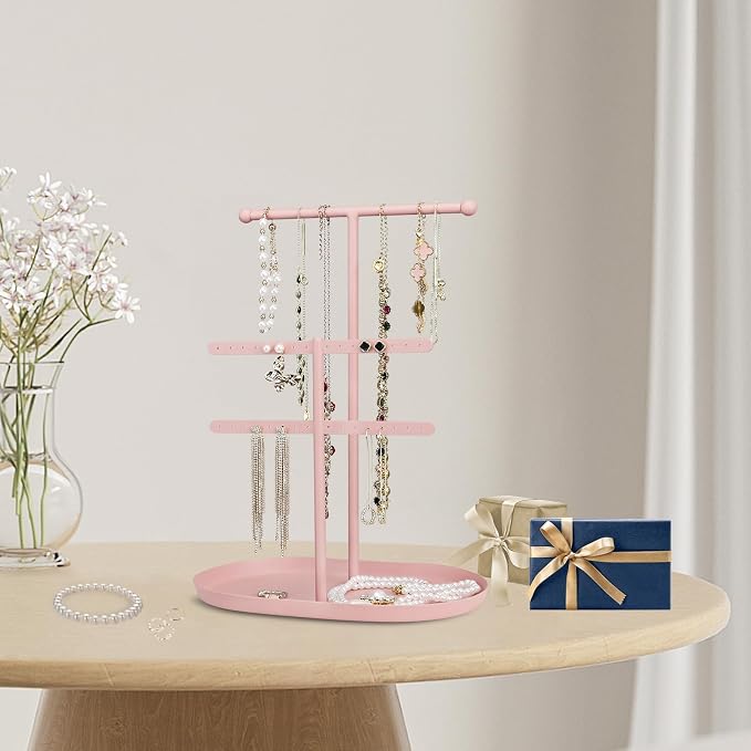 Saydear 3-Tier Jewelry Organizer Stand, Earring Holder Necklace Tree | Pink Metal Earring Rails With Top Necklace Bar, Oval Tray Base, Ideal Vanity Dresser Decor, Gift For Her