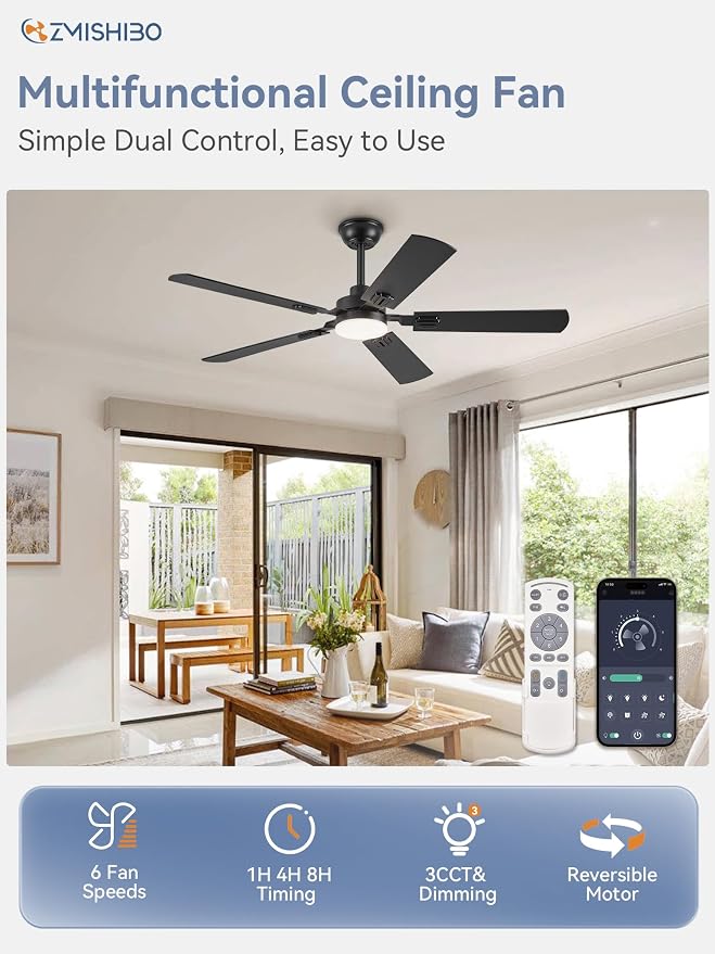 ZMISHIBO 52" Ceiling Fans with Lights, Black Modern Ceiling Fan with Remote & App Control, Farmhouse Indoor Ceiling Fan with Dual Finish Blades, Quiet & Strong Motor, 24W Dimmable Bright LED Light