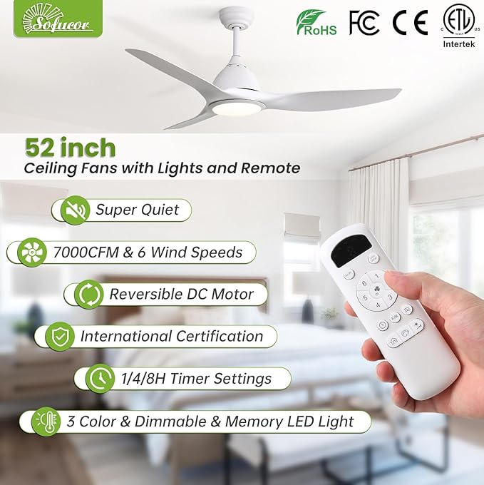 Sofucor 52 Inch Outdoor Ceiling Fans with Lights, Modern Ceiling Fan with 3 Plastic Blade, Quiet, Dimmable, High 7000CFM 6-Speed 3-Timer Reversible DC Motor, for Bedroom Living Room, ETL, White
